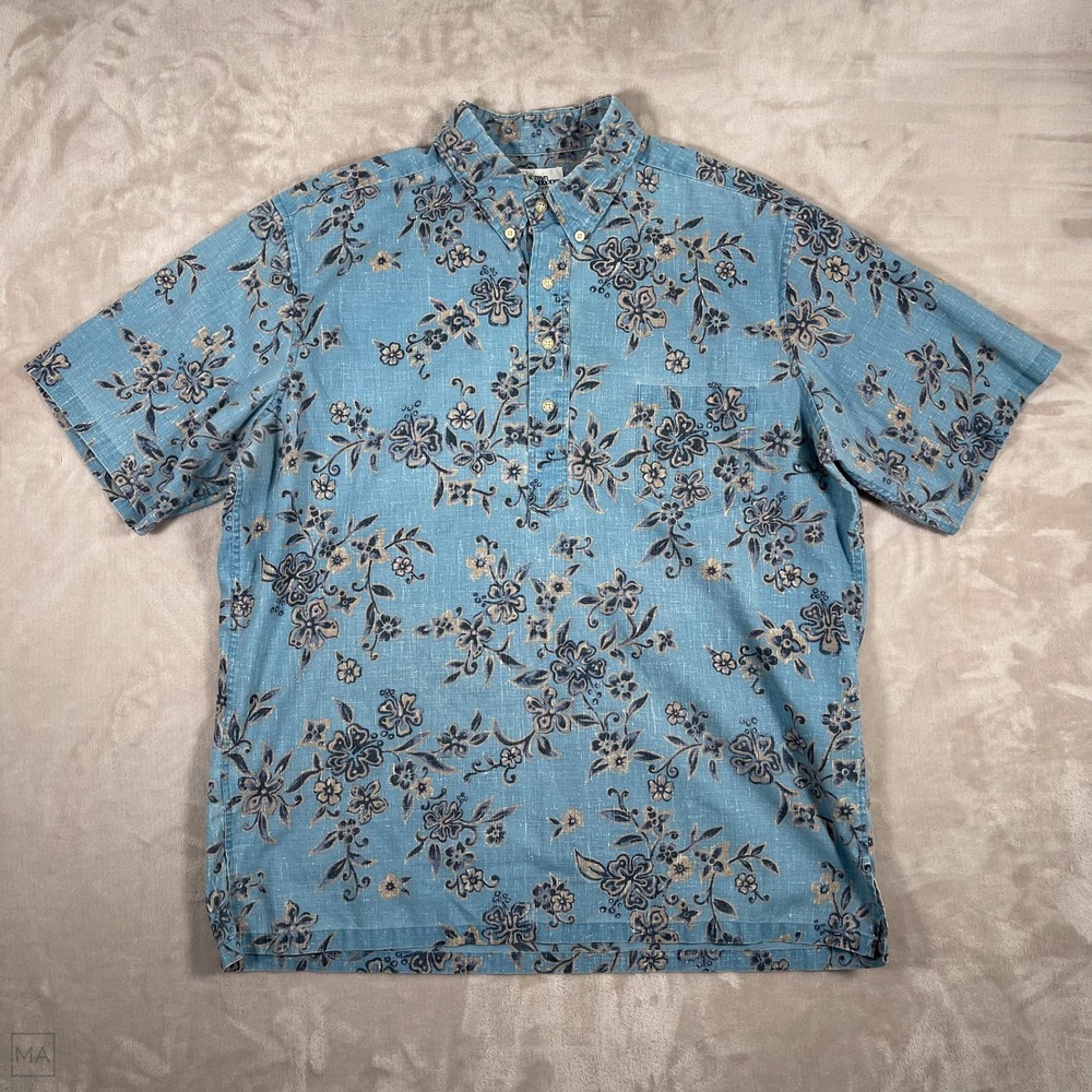Reyn Spooner Men's Shirt Button Down Pullover Hibiscus Hawaiian XL Blue/Tan